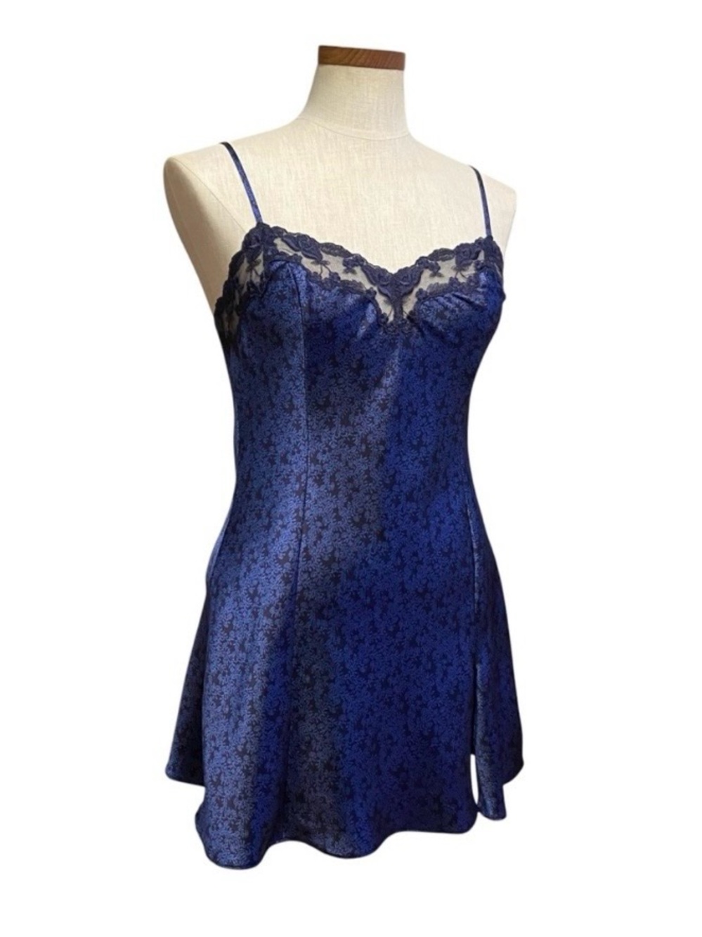 Victoria’s Secret Chemise Mini Slip Dress Blue Black Print Lace Sz S